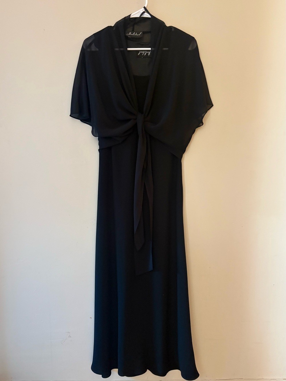 Vintage JOLIBEL Black Evening Maxi Dress Gown with Chiffon overlay, Sz L.